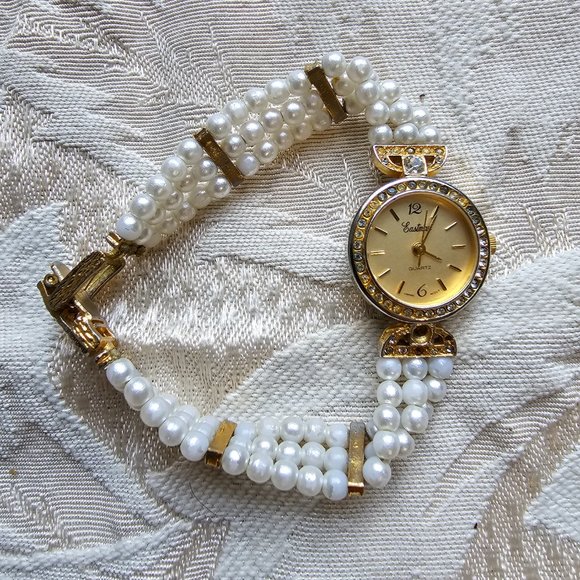Eastman Quartz Gold Tone Pearl Rhinestone Watch - Picture 6 of 16